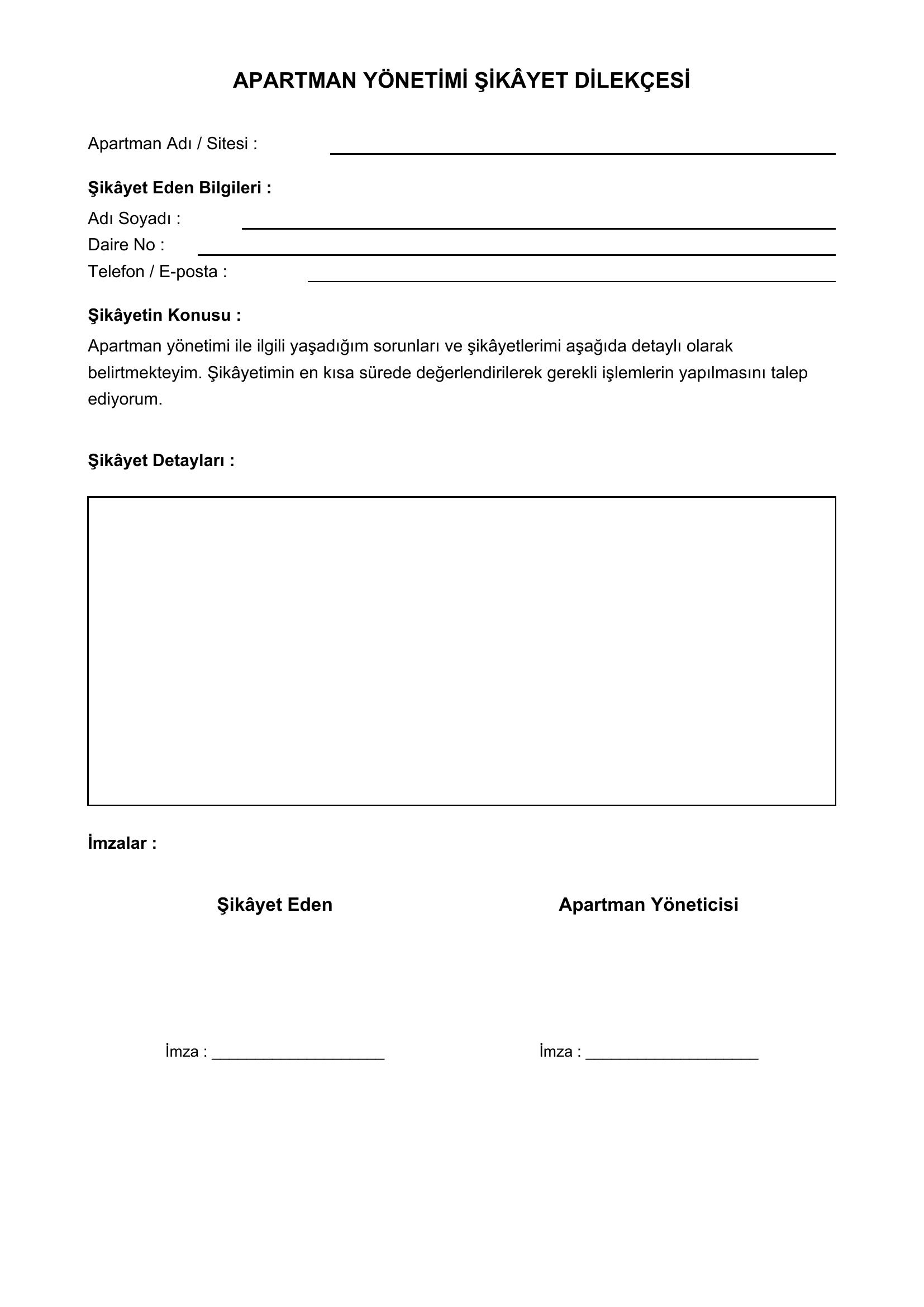 Apartman Yönetimi Şikayet Dilekçe Örneği