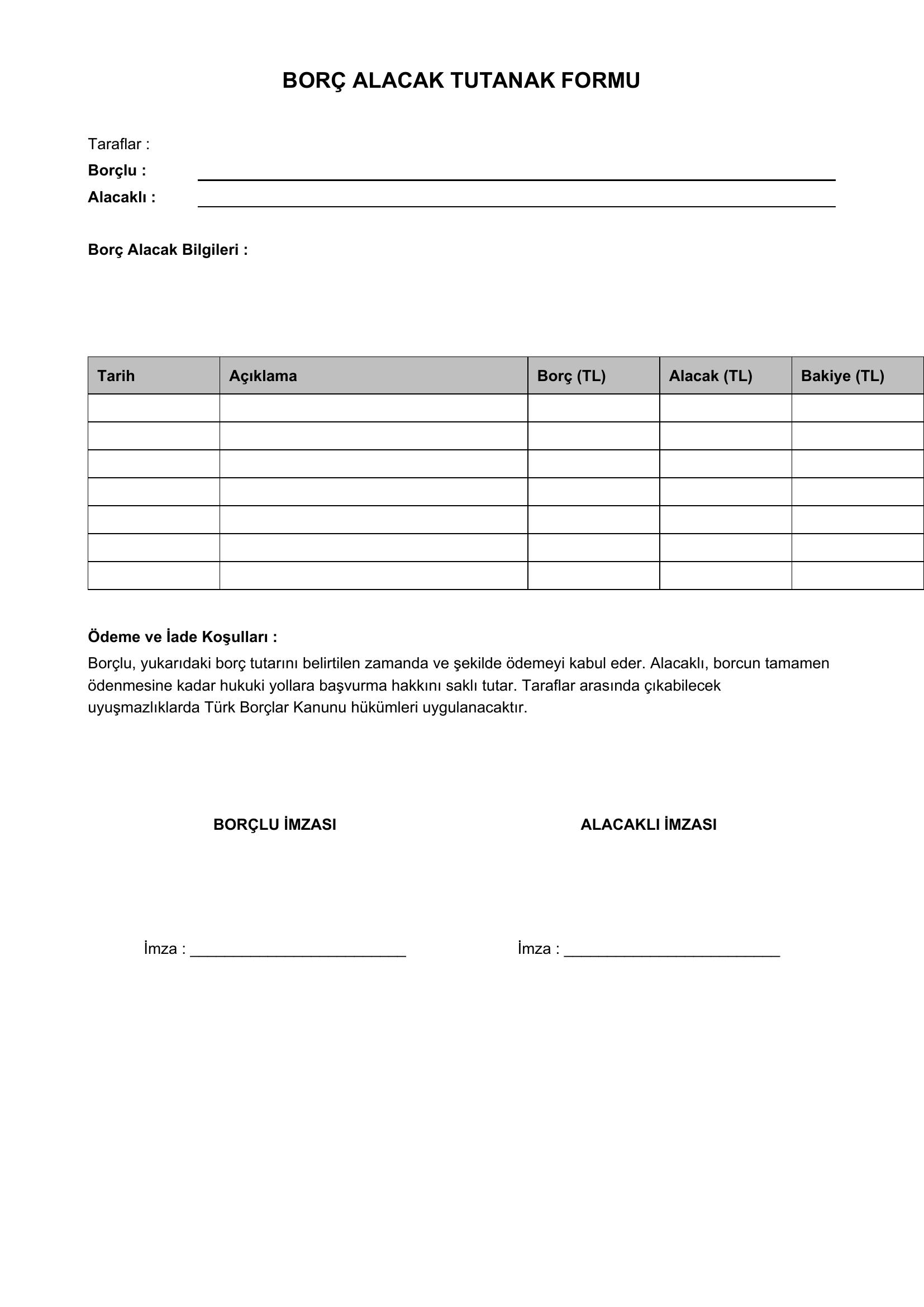 Borç Alacak Tablosu