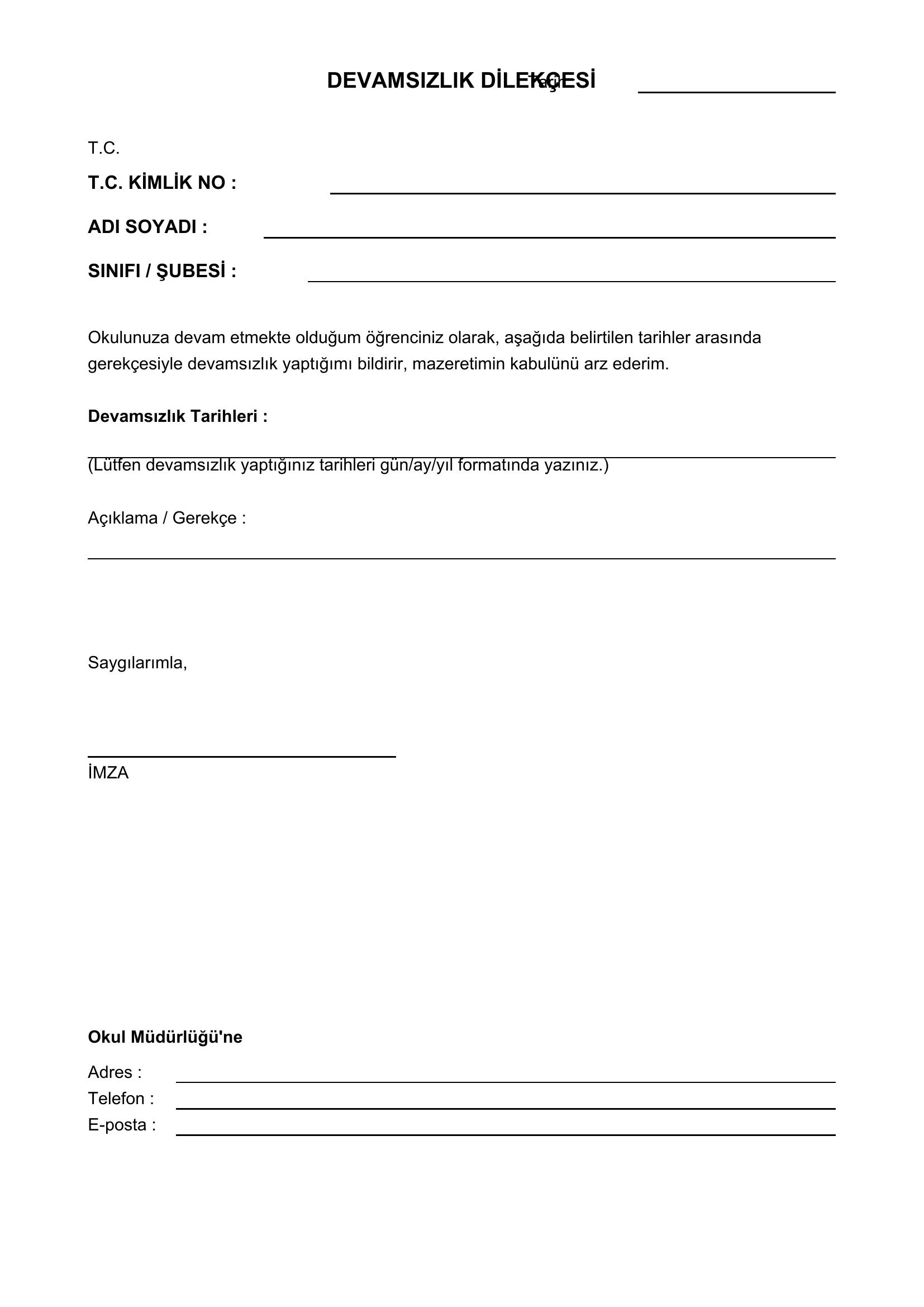 Devamsızlık Dilekçe Örneği