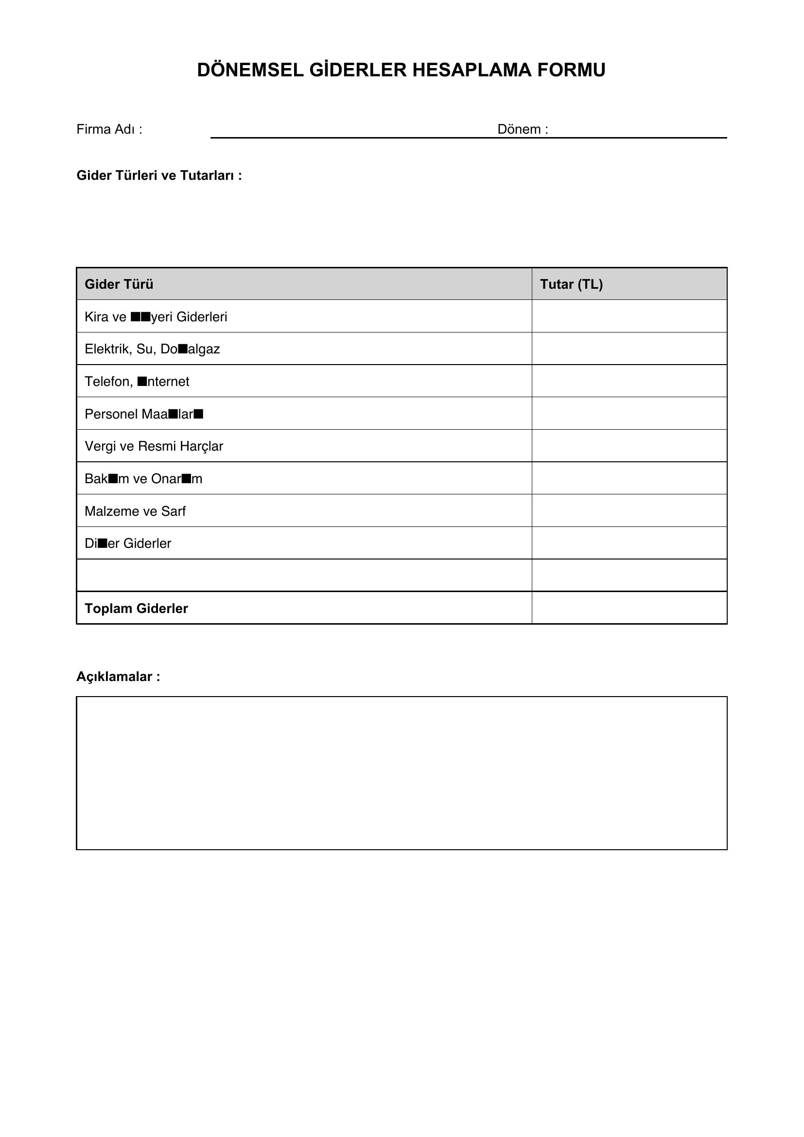 Dönemsel Giderler Hesaplama Formu