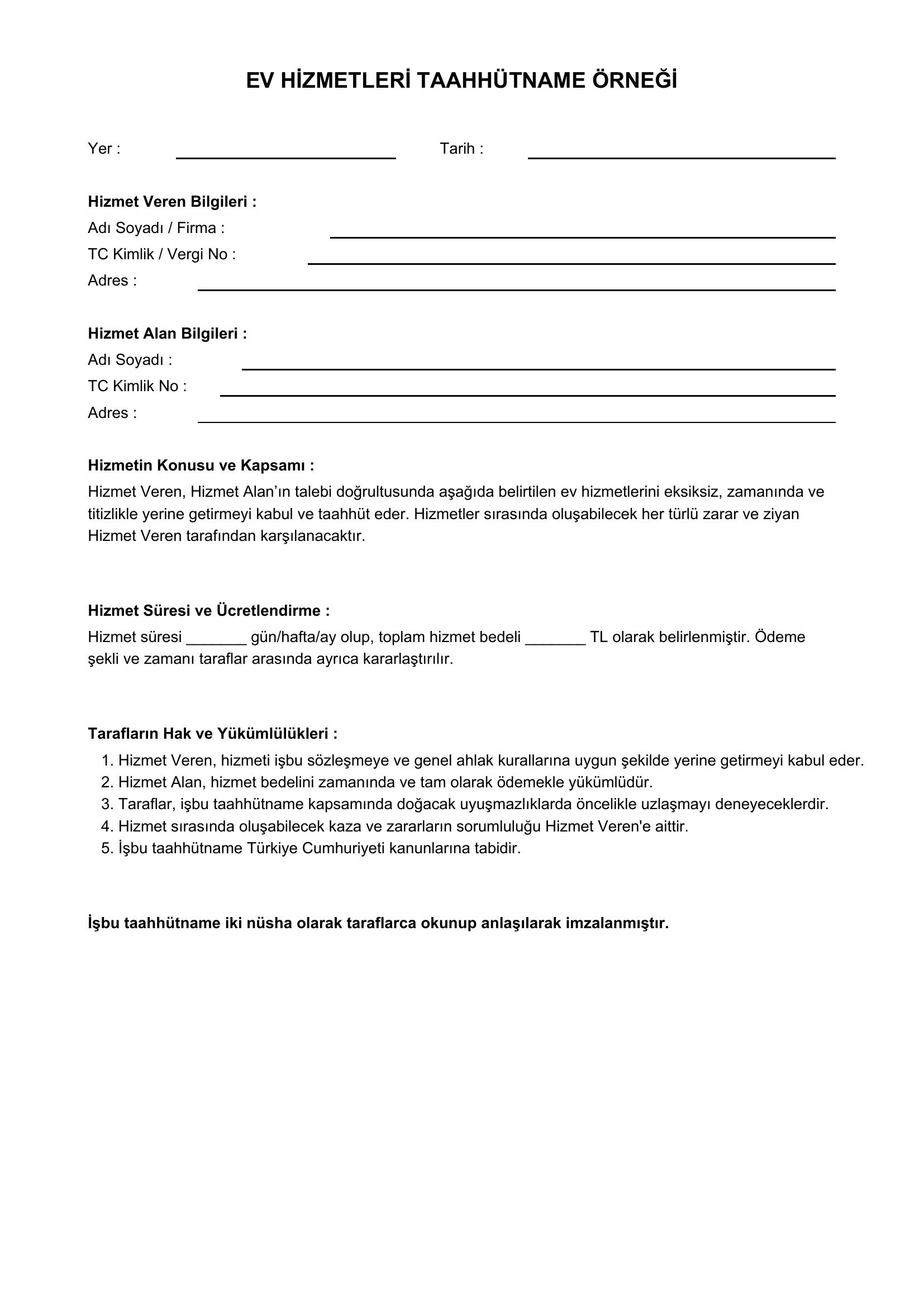 Ev Hizmetleri Taahhütname Örneği