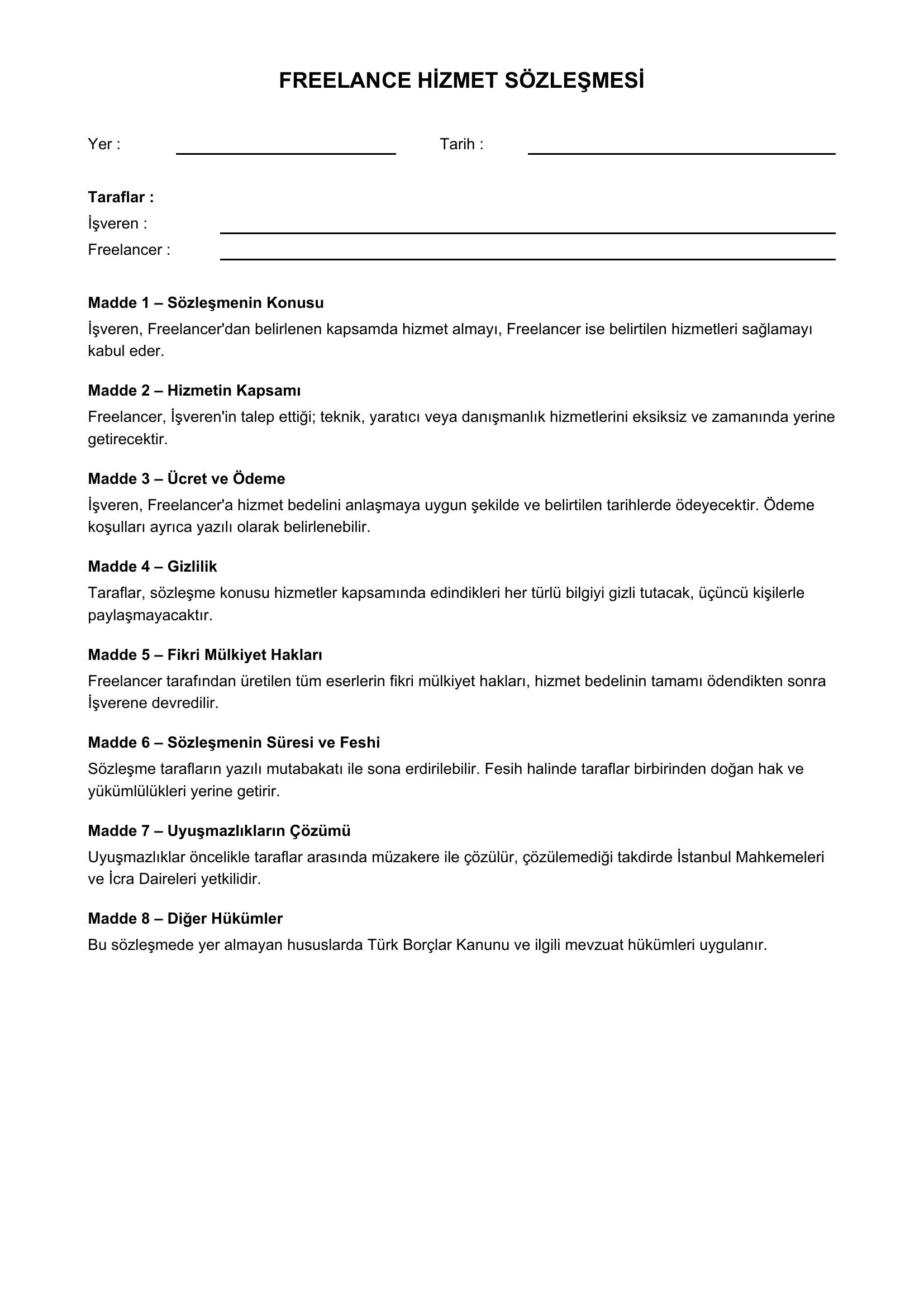 Freelance Sözleşme Örneği