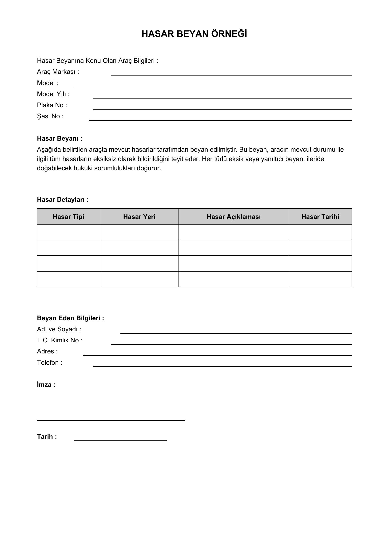 Hasar Beyan Örneği
