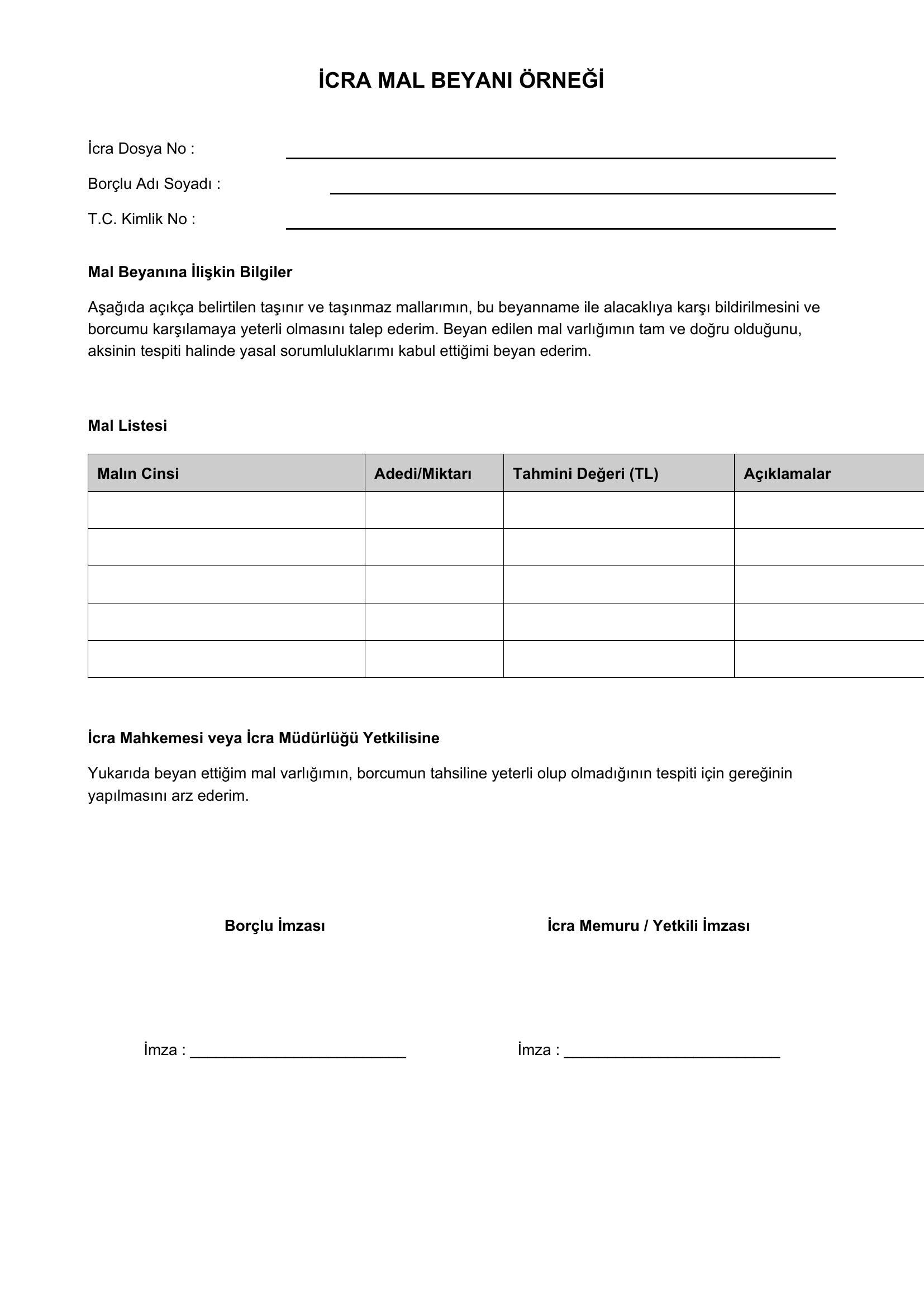 Icra Mal Beyanı Örneği