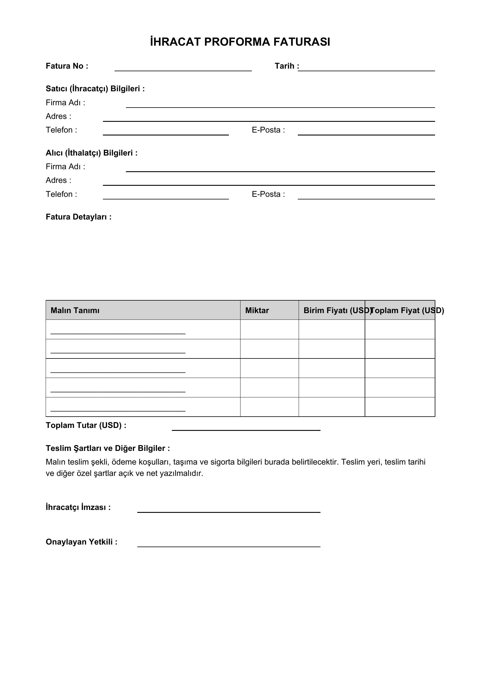 Ihracat Proforma Fatura Örneği