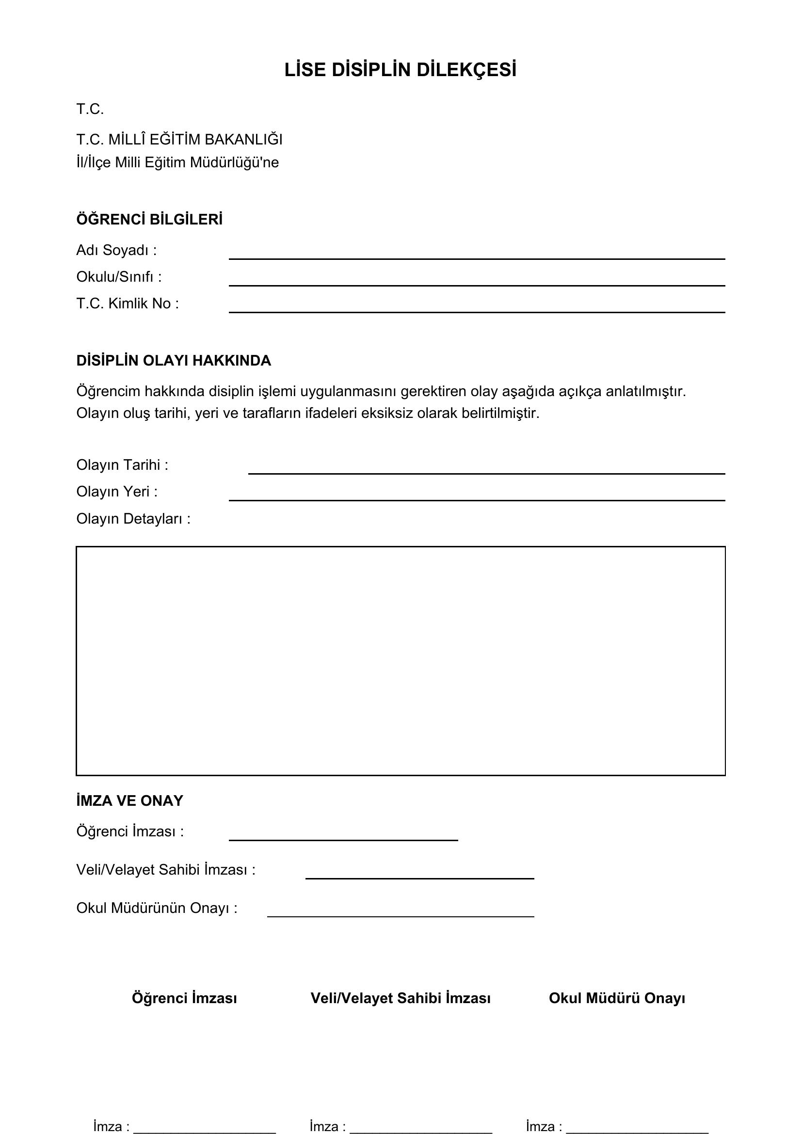 Lise Disiplin Dilekçe Örneği