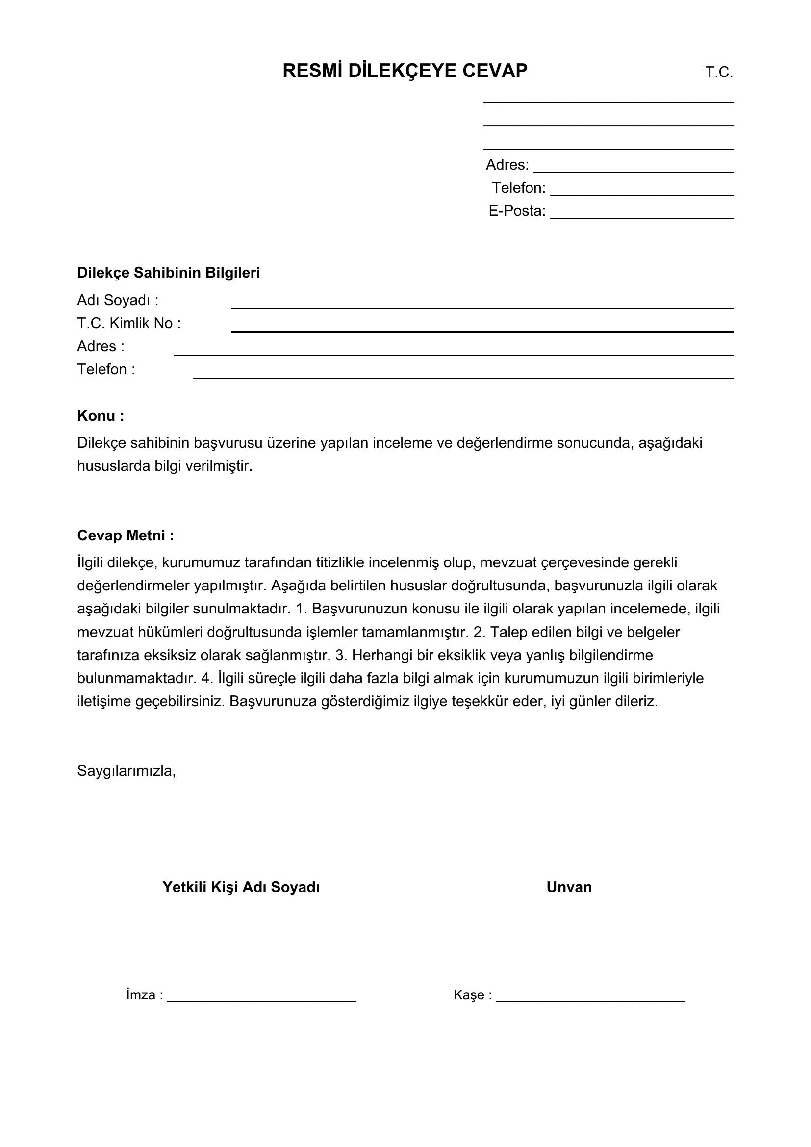 Resmi Dilekçeye Cevap Örneği