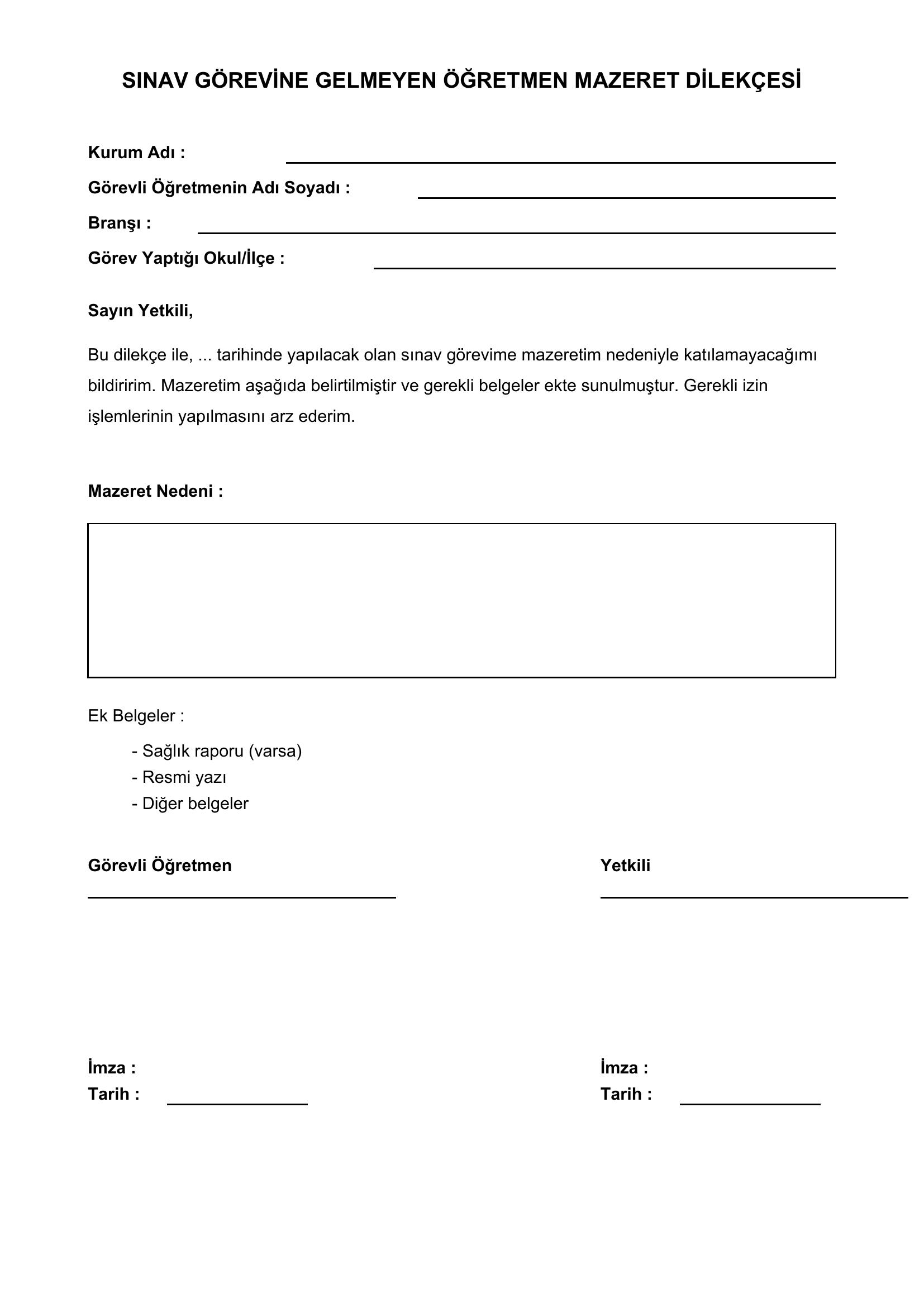Sınav Görevine Gelmeyen Öğretmen Mazeret Dilekçe Örneği