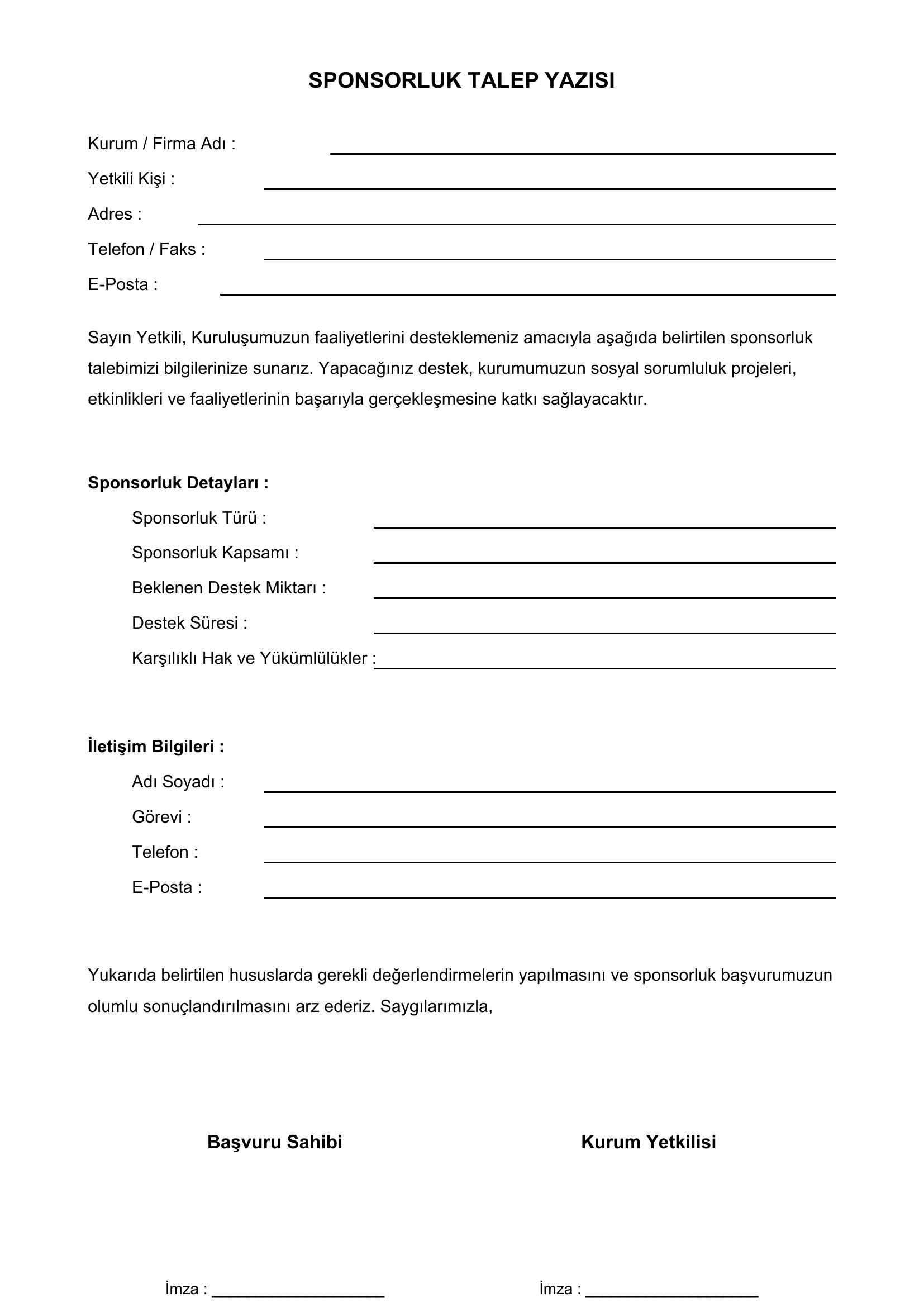 Sponsorluk Talep Yazısı Örneği