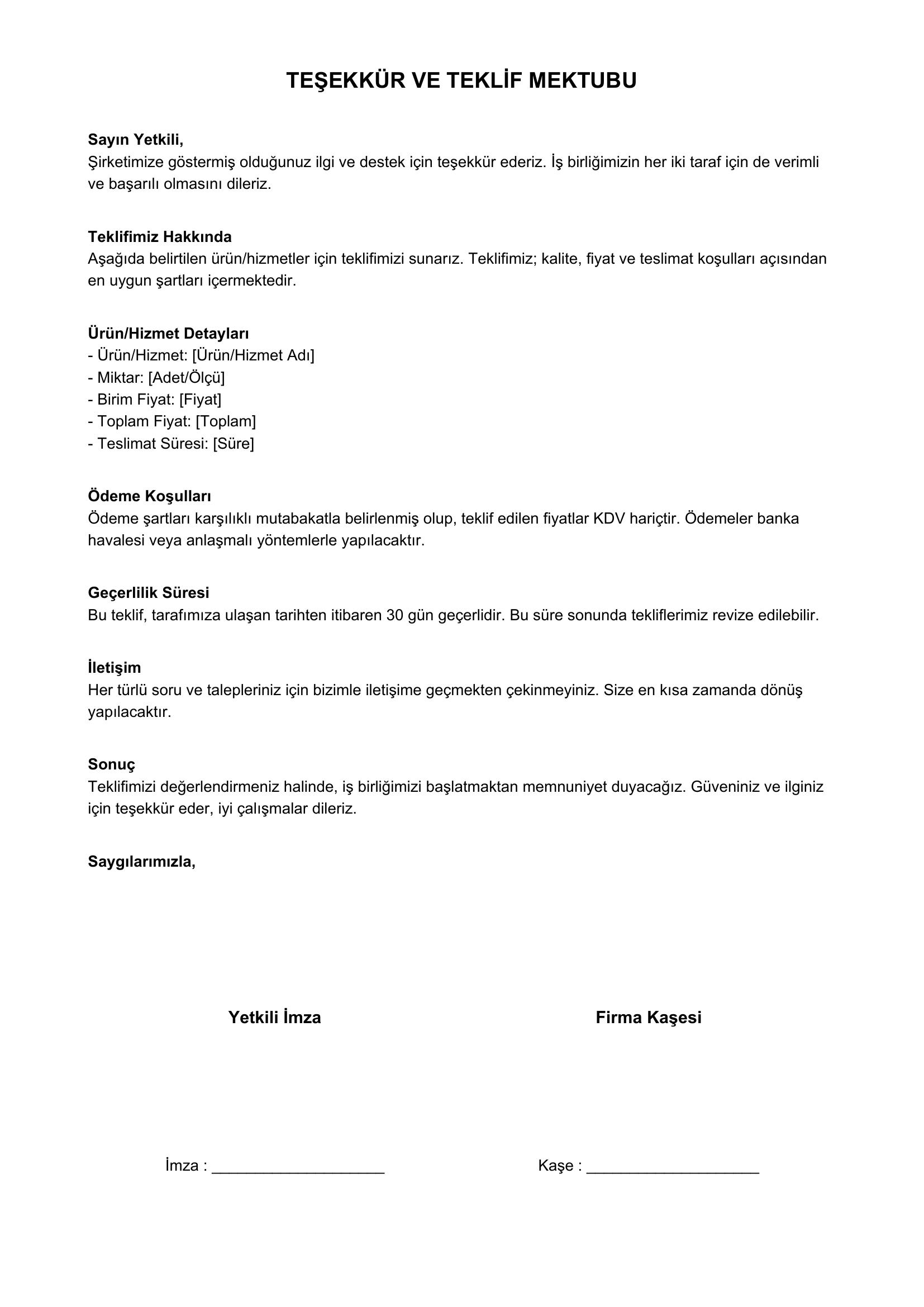 Teklif Teşekkür Yazısı Örneği