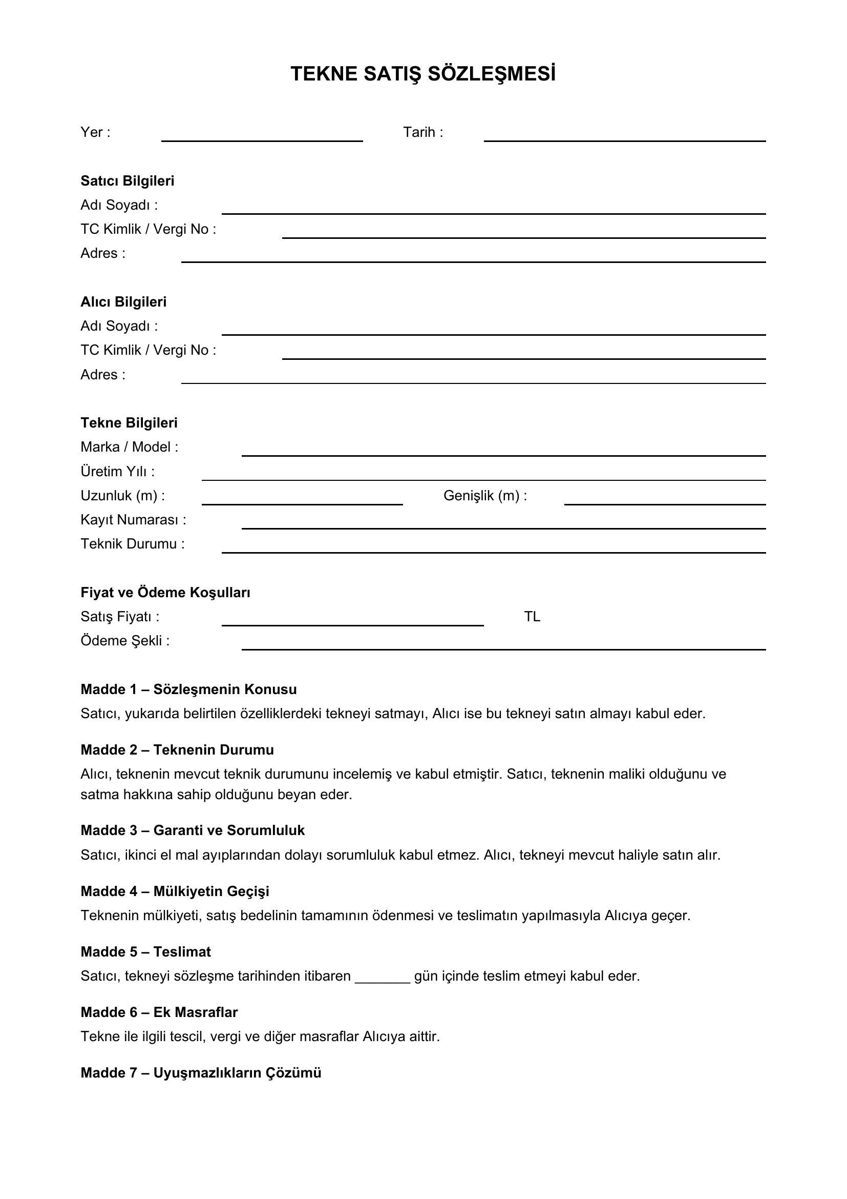Tekne Satış Sözleşme Örneği