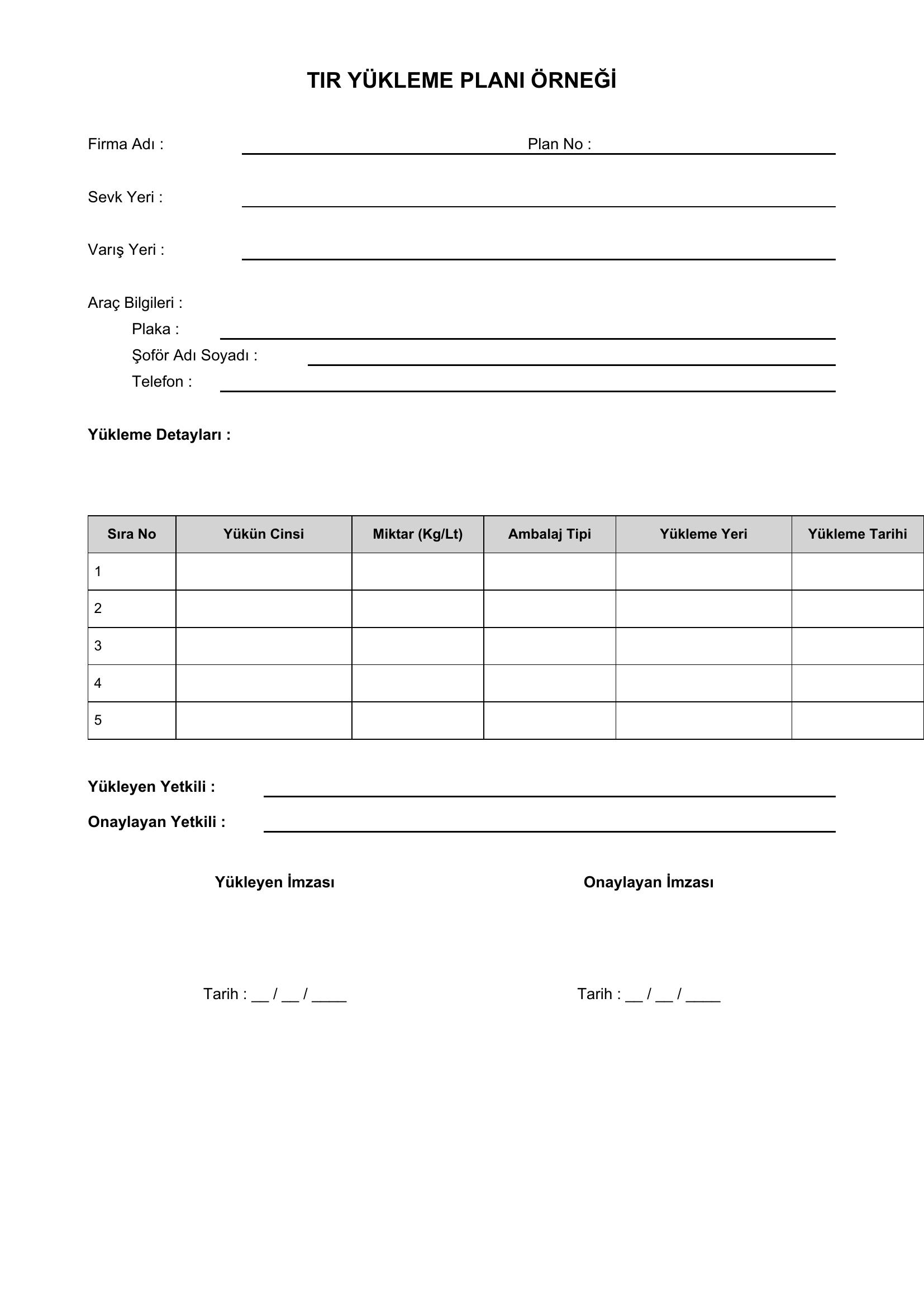 Tir Yükleme Planı Örneği