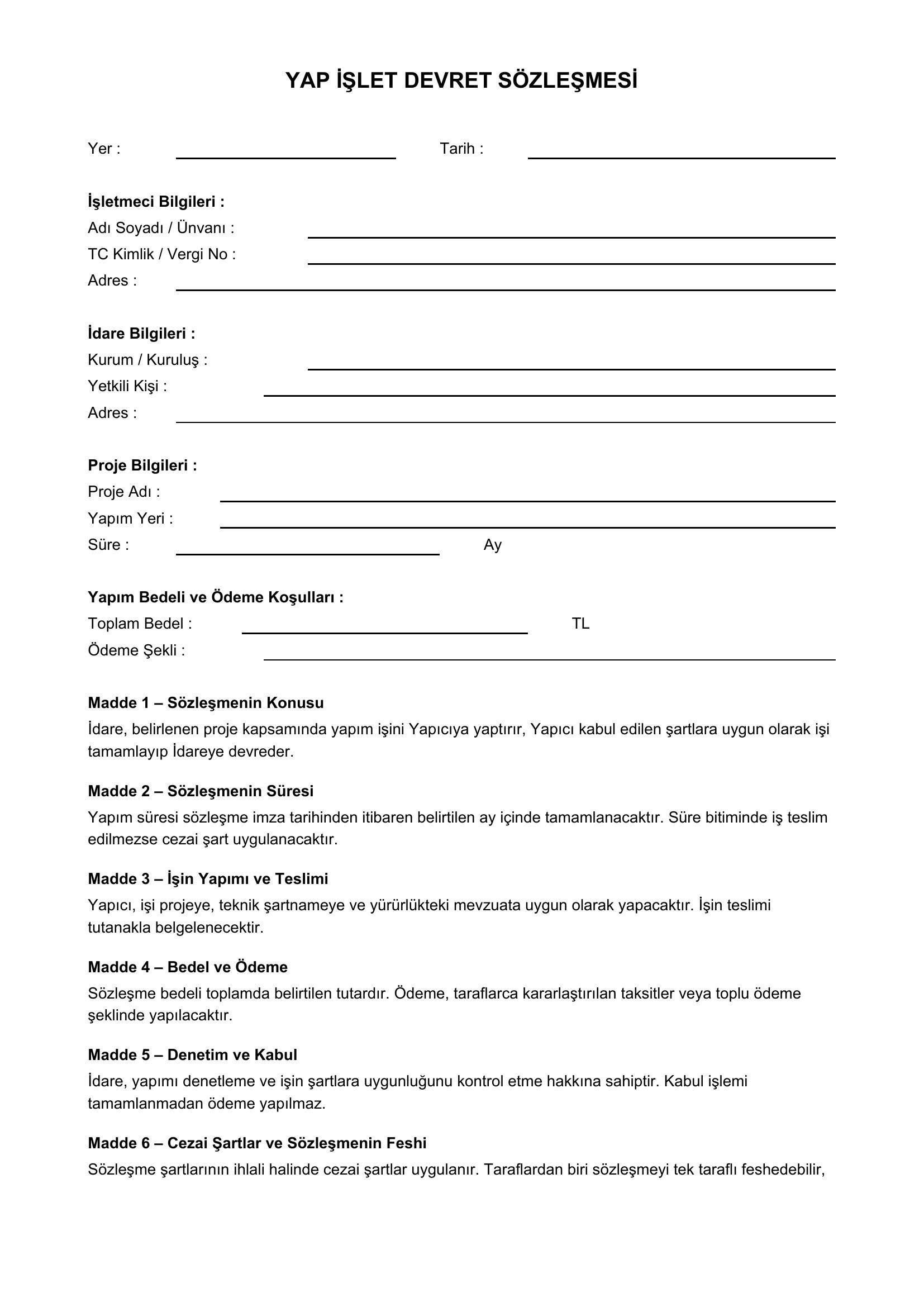 Yap Işlet Devret Sözleşme Örneği